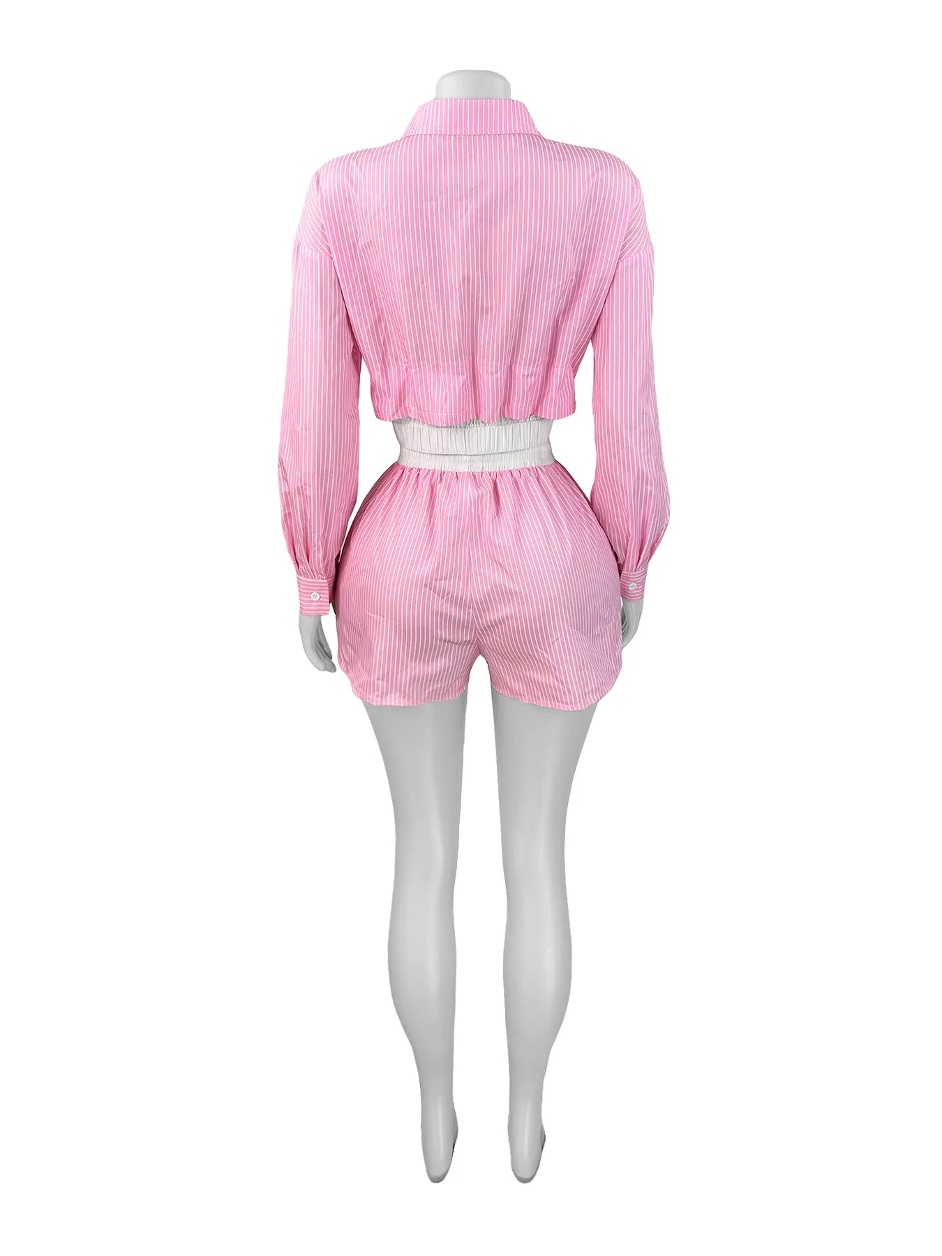 Stripe Print 2Piece Set Women Patchwork Waistband Single-Breasted Blouse+Drawstring Shorts Casual Street Simple Suit