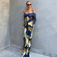 Floral Print Off Shoulder V Neck Hollow Maxi Dress with Long Sleeve Elegant Woman Clothing Fall 2026