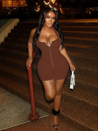 Zip Halter Playsuit Women Summer Trend Backless Fitness Sleeveless Stretch Casual Sporty Workout Activity Playsuit