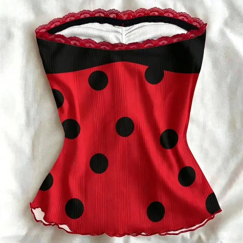Y2K Women Strapless Tube Top Lace Trim Front Bow Ruched Design Striped Polka Dot Slim Flared Hem Summer Casual Tank Top