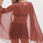 Women Sheer Chiffon Poncho Blouse Rhinestone Beaded Wide Flare Sleeve Loose Oversized Mesh Tunic Beach Cover Up Tops