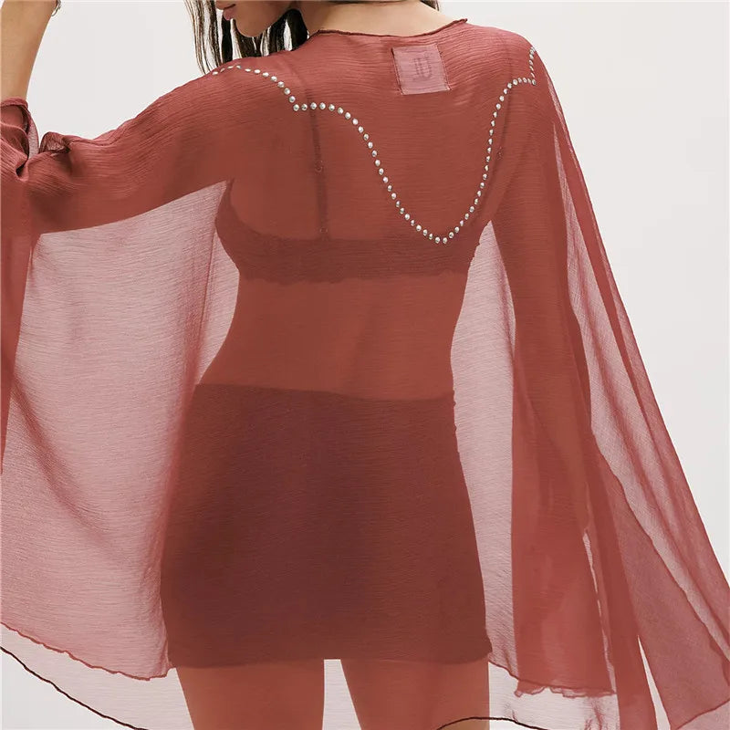 Women Sheer Chiffon Poncho Blouse Rhinestone Beaded Wide Flare Sleeve Loose Oversized Mesh Tunic Beach Cover Up Tops