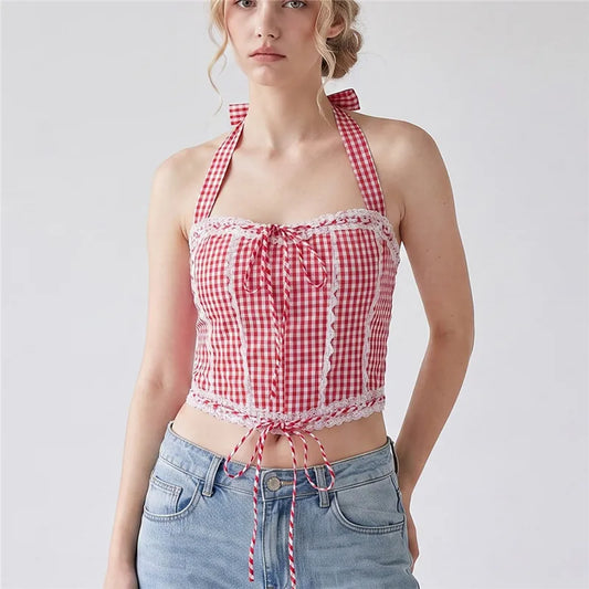 Women Gingham Check Halter Crop Top Lace Trim Front Tie Back Lace Up Sleeveless Corset Camisole Y2K Vintage Cottagecore Summer