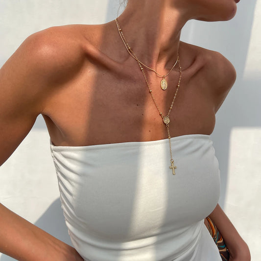 2Pcs/Set Simple Virgin Mary Jesus Cross Pendant Choker Necklace Women Trend Vintage Adjustable Chain Christian Jewelry