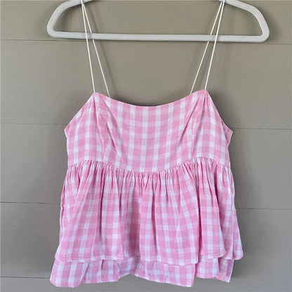 Y2K Coquette Aesthetic Pink Gingham Babydoll Top Spaghetti Strap Square Neck Double Layer Ruffle Hem Peplum Cami Blouse