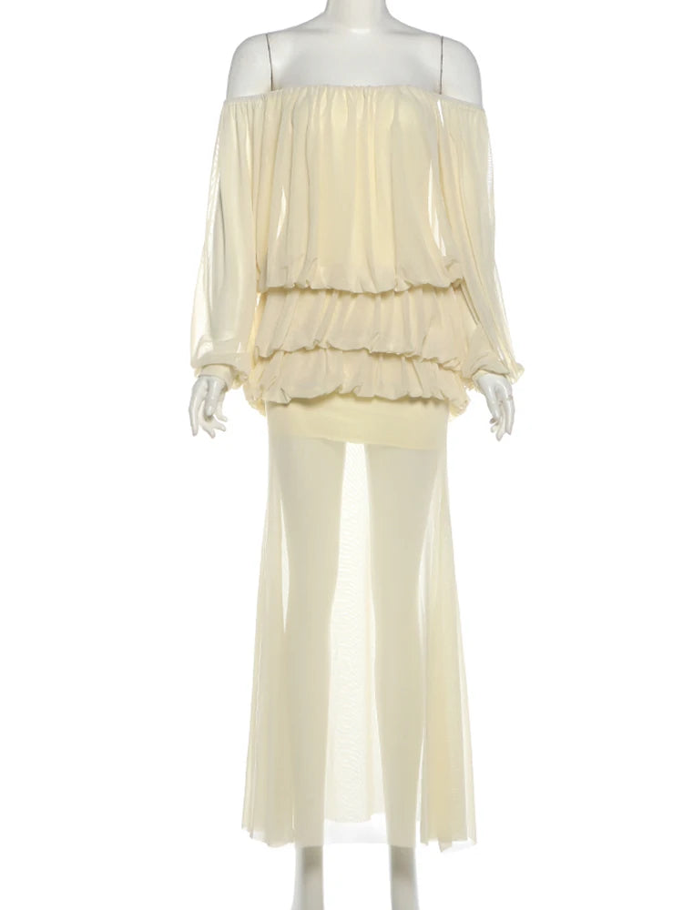 Draped Maxi Dress Women See Through Hem Off-Shoulder Long Lantern Sleeve Elegant Vacation Wedding Party Vestidos