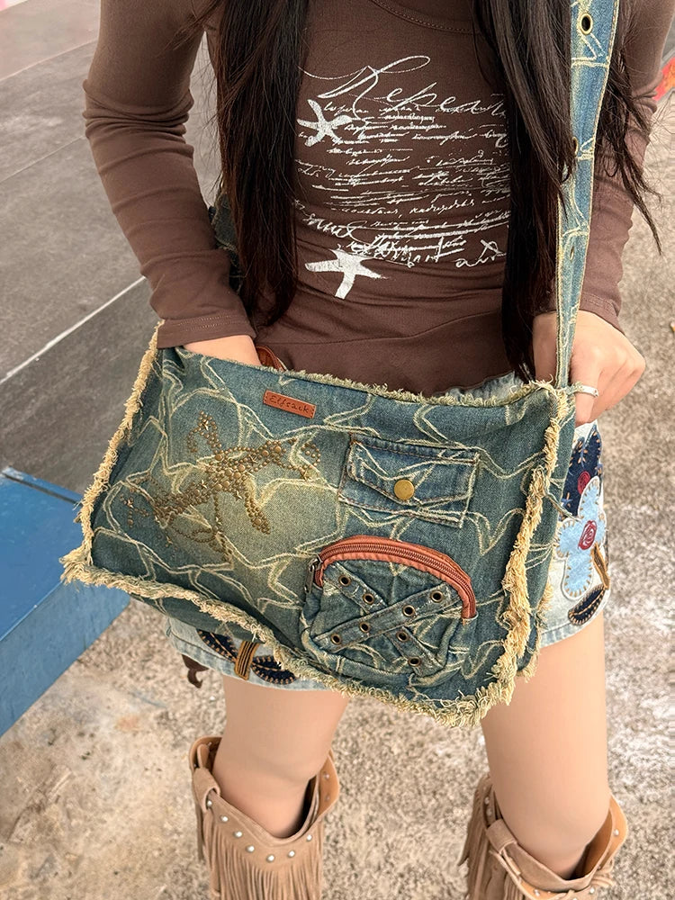 Y2K Vintage Denim Crossbody Bag with Star Print, Frayed Grunge Shoulder Bag for Women, Retro Streetwear Tote Handbag