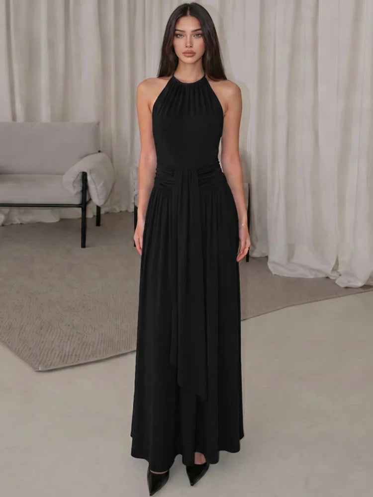 Women Halter Neck Sexy Maxi Dress Sleeveless Ruched Waist Draped Long Dress Elegant Evening Party Wedding Guest Dresses