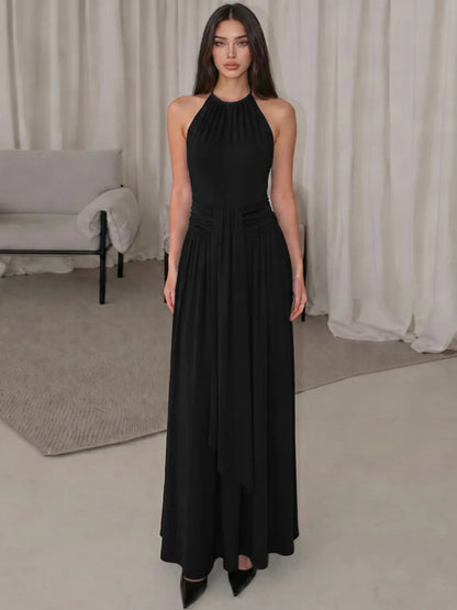 Women Halter Neck Sexy Maxi Dress Sleeveless Ruched Waist Draped Long Dress Elegant Evening Party Wedding Guest Dresses