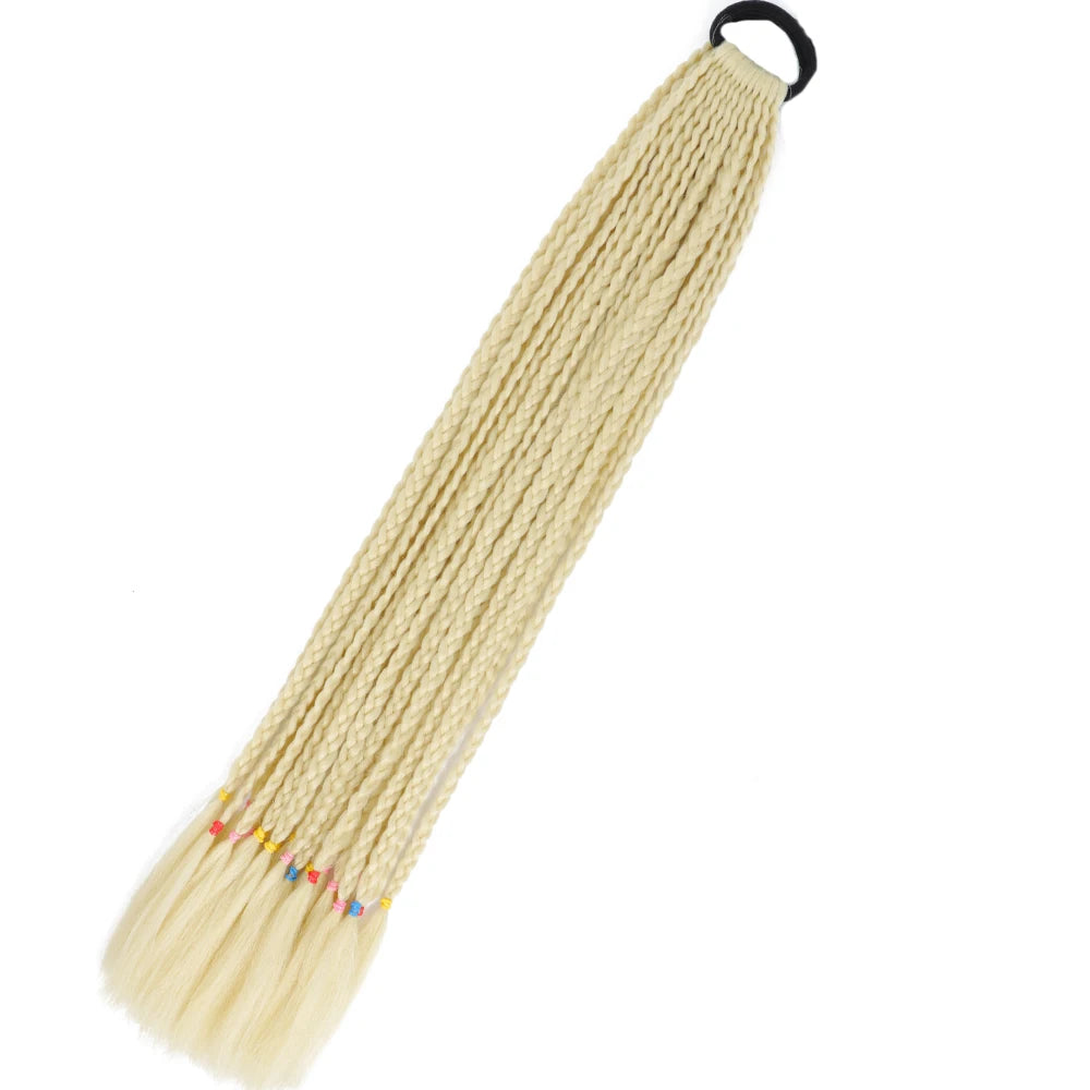 Synthetic 24inch Girls Colored Box Braided Ponytail With Elastic Rubber Band Hair Extensions Rainbow Color Box Pigtail Hairpiece