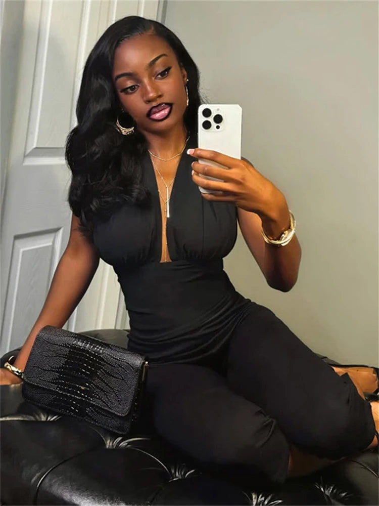 Casual Sporty Jumpsuits Women Summer New Style Ruched Deep V-Neck Sleeveless Street Solid Simple Fashion Overalls