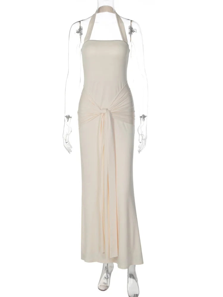 Halter Backless Sexy Maxi Dress Women Elegant Square Collar Sleeveless Ruched Waist Draped Bodycon Club Party Dress