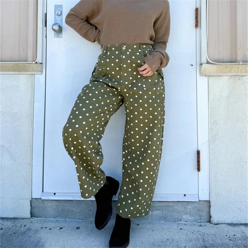 Women Retro Dots Print Cropped Cargo Pants High Waist Multi Pocket Loose Straight Leg Trousers Street Casual Bottoms