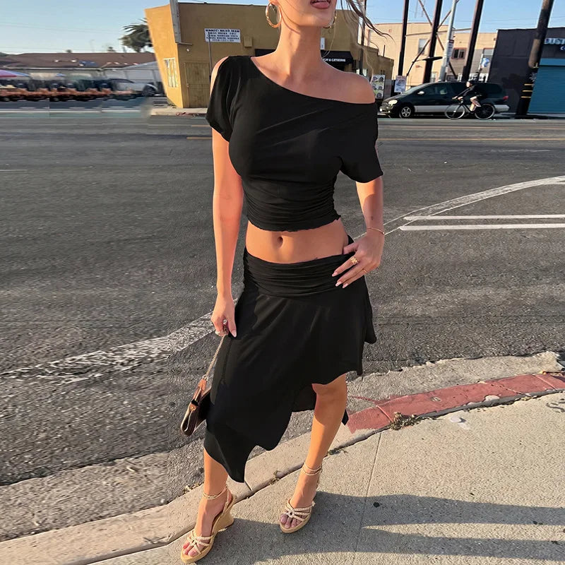 Pink 2 Piece Set Off Shoulder Top and Asymmetrical Midi Skirt Set Vacation Outfits Woman 2026