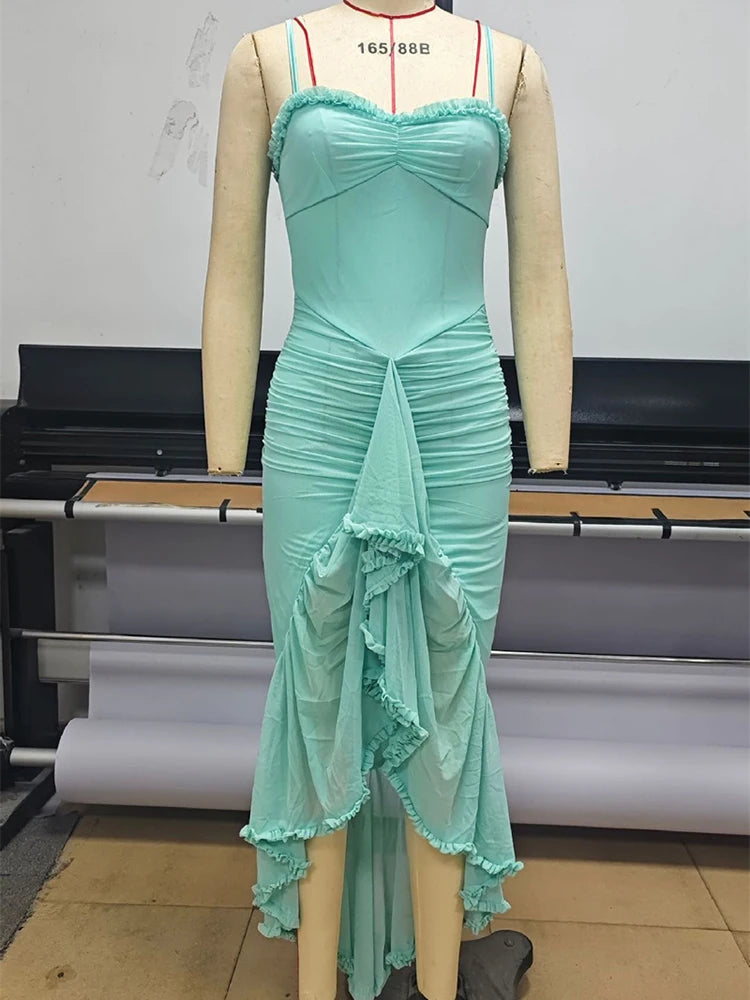 Ruffled Draped Ruched Sexy Maxi Dress For Women Yellow Spaghetti Strap Sleeveless Backless Club Party Sexy Long Dress
