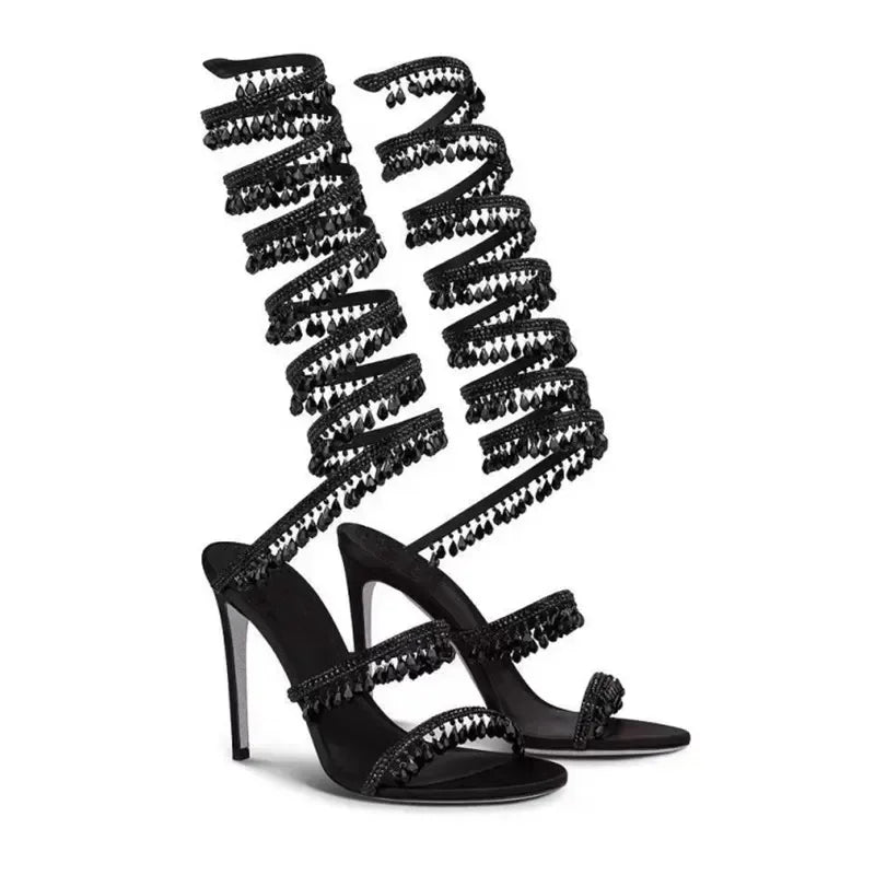 Women's New Water Diamond Sandals Fashion Tassel Crystal Shoes Sexy Banquet Party Twin Stiletto Women's Large Sandals