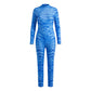 Skinny Jumpsuit Women Blue Tiger Print High Neck Long Sleeve Bodysuit Avatar Cosplay Costume Club Halloween Party Outfit