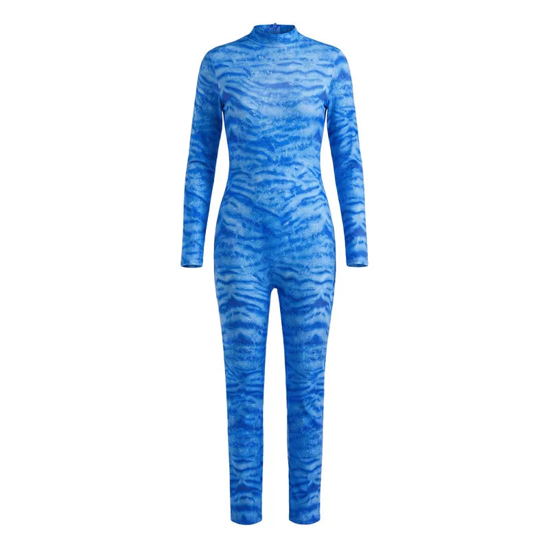 Skinny Jumpsuit Women Blue Tiger Print High Neck Long Sleeve Bodysuit Avatar Cosplay Costume Club Halloween Party Outfit