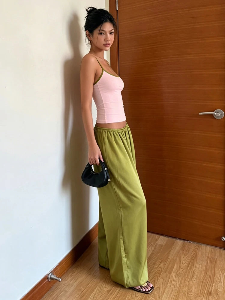 High Street 2 Piece Set Woman Color Blocking Low-Neck Backless Navel Exposed Camisole+Straight Pants Casual Fashion Suit