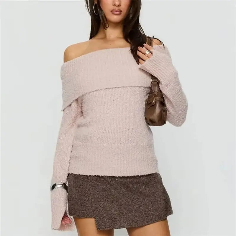 Womens Off The Shoulder Sweater Y2K Oversized Long Sleeve Slouchy Knitted Loose Pullover Sweaters Tops Streetwear