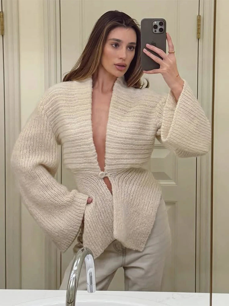 Single Button Cardigan Sweater Woman Elegant Deep V-Neck Full Sleeve Irregular Office Simple Streetwear Jackets Coat