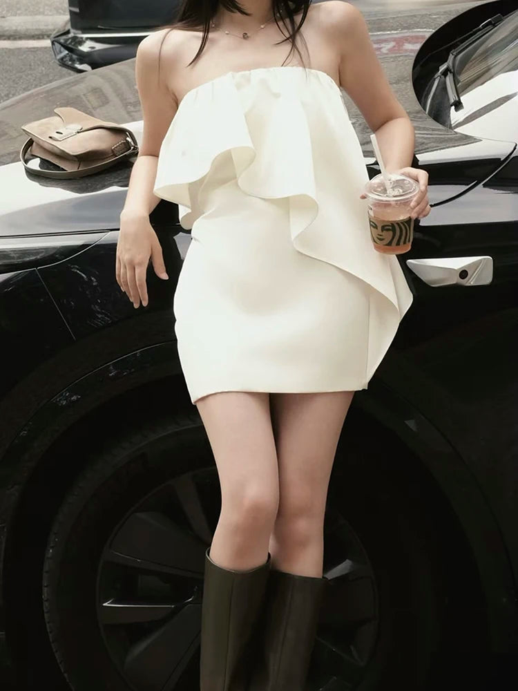 Ruched Elegant Dress Woman Ruffles Edge Design Wrap Chest Backless Skinny Peach Hip Summer Fashion Style Mini Bodycon