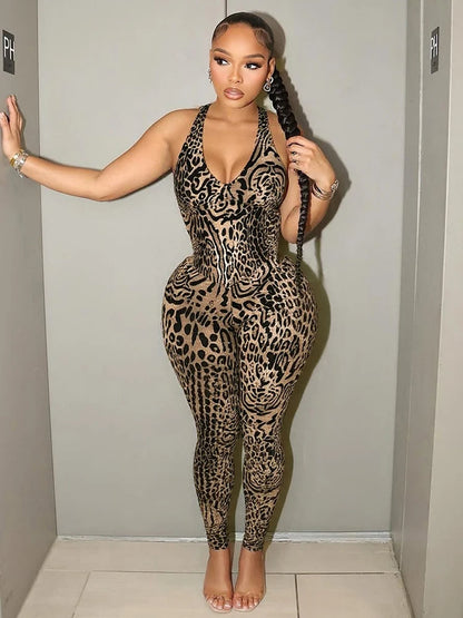 Peach Buttocks Jumpsuit Women Leopard Print Coquette Summer Trend Midnight Club Activity FitStretch Workout Overalls