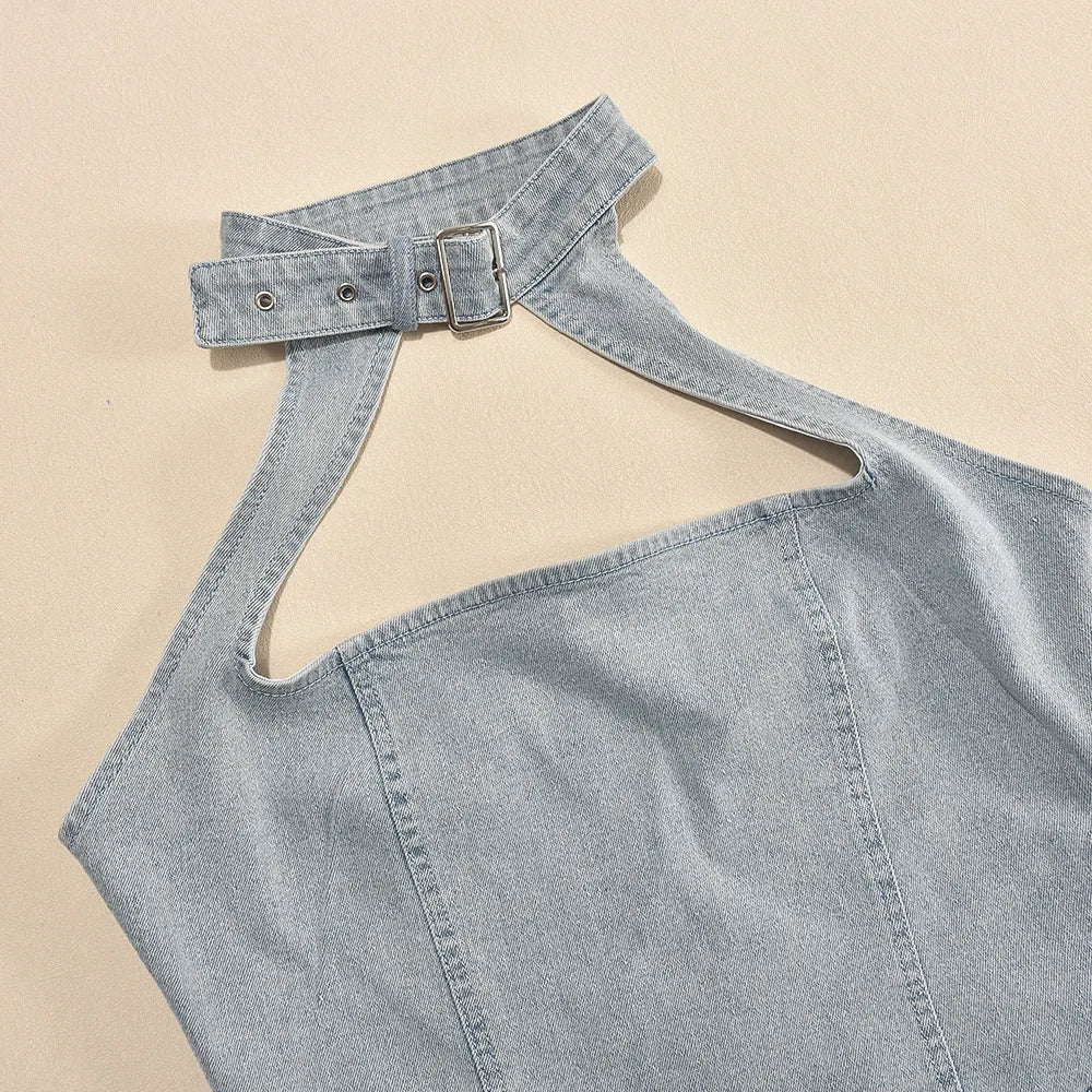 Denim Halter Mini Dress Women Sexy Adjustable Scarf Sleeveless Hollow Split Hem Backless Evening Party Club Bodycon