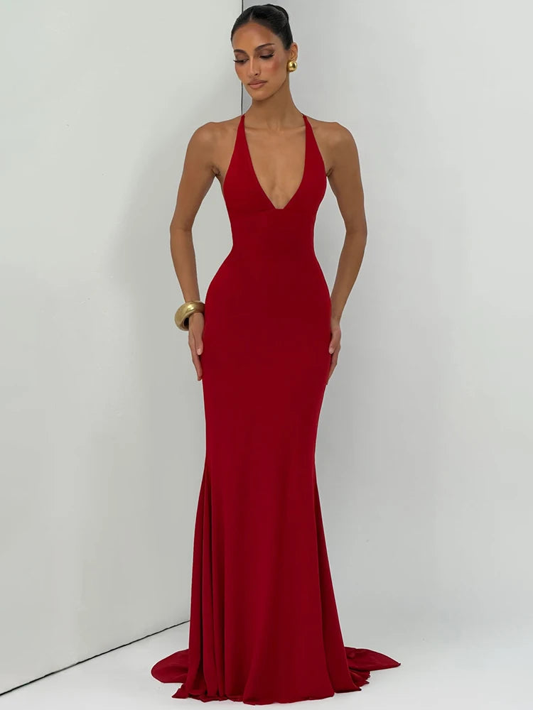 Women Deep V Halter Mermaid Maxi Dress Crisscross Lace Up Backless Long Gown Ruched Bodycon Evening Party Formal Dress