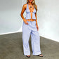 Women Summer Pants Outfits Stripe Tie-Up Halter Neck Backless Sleeveless Tank Tops Wide-Leg Pants 2 Pieces Clothes Set