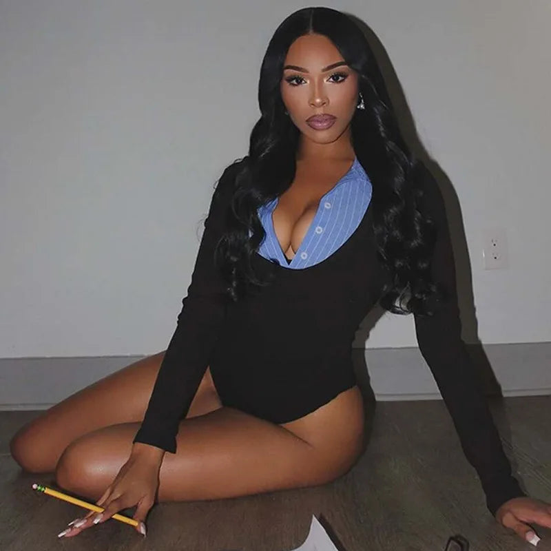 Fake Two-piece Long Sleeve Bodysuit for Woman Ribbed Patchwork Sexy Tops Women Clothes