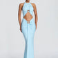 Women Halter Mermaid Sexy Maxi Dress Hollow Out Cutout Metal Lock Decor Ruched Bodycon Dress Evening Party Club Dress