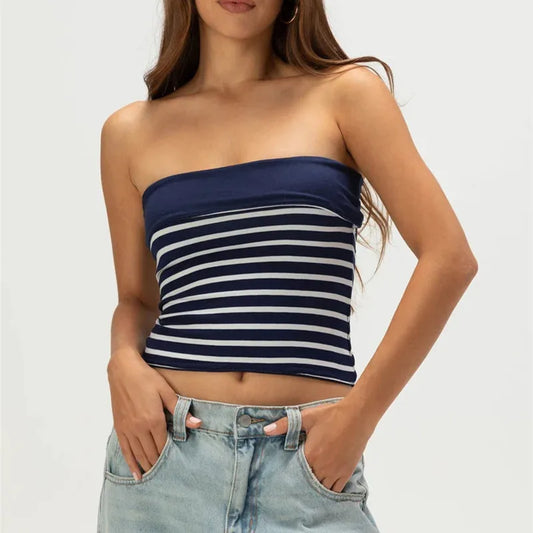 Women's Reversible Strapless Vest Stylish Striped Sleeveless Crop Tube Tops Bandeau Blouse for Party Date Night Wear