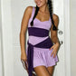 Summer Color Block Mini Dress Women Wide Strap Sweetheart Neck Side Sash Tie Fake Two Piece Skort Dress Beach Vacation