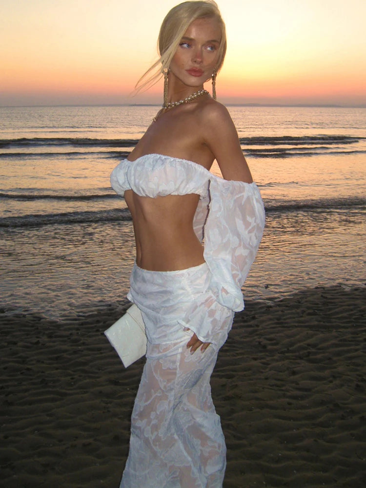 Mesh Patchwork 2 Piece Set Women Sexy Slash Neck Flared Sleeve Crop Tops+A-Line Long Skirts Beach Party Elegant Suits