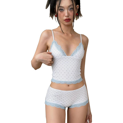 Comfortable 2-Piece Set Women Patchwork Lace Polka Dot Print v-Neck Sexy Camisole+Simple Mini Short Sweet Chic Pajamas