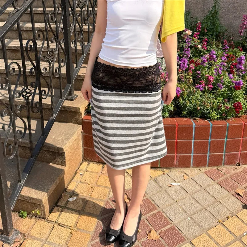 Low Waist Lace Trim Midi Skirt Women Casual Solid/Striped Bodycon Skirt Y2K Streetwear Fashion Mid-Length Pencil Skirt