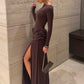 Women Long Sleeve Boat Neck Sexy Maxi Dress Draped Ruched Waist High Split Bodycon Formal Evening Party Long Dress