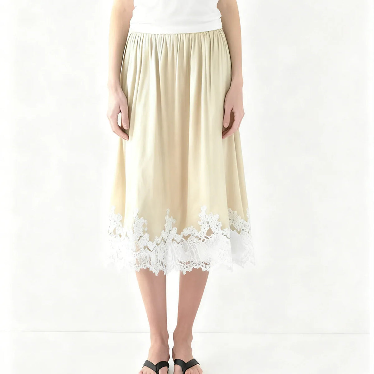 Women Summer Solid Elegant Satin Lace Patchwork Long Skirts High Waist Office Ladies Vacation Midi Skirts Y2K Streetwear