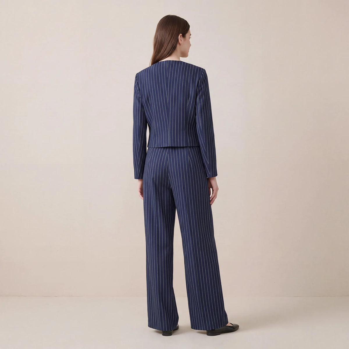 Women Pinstripe 2 Piece Outfit Round Neck Cropped Blazer High Waist Wide Leg Pants Elegant Business Office Matching Set
