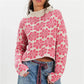 Oversized Cropped Knit Sweater Women Roll Neck Floral Jacquard Pattern Contrast Trim Long Sleeve Loose Pullover Knit Top