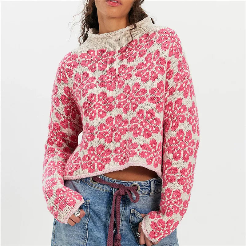 Oversized Cropped Knit Sweater Women Roll Neck Floral Jacquard Pattern Contrast Trim Long Sleeve Loose Pullover Knit Top