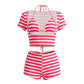 Womens Striped Shorts Set Casual Slim Fit Stylish Short Sleeve T-shirt Halter Bra and Mid Rise Shorts 3 Pcs Set Summer