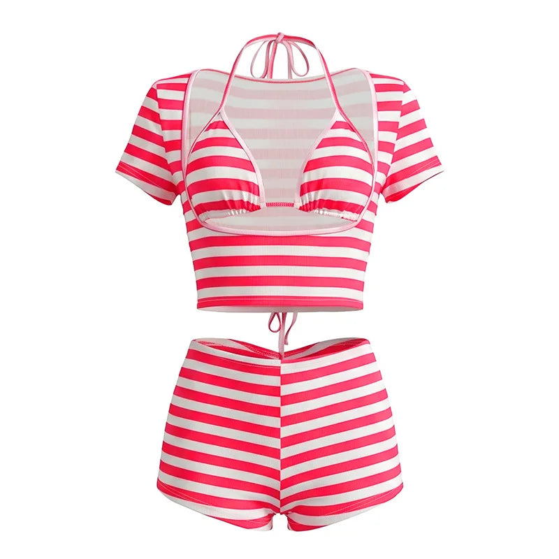 Womens Striped Shorts Set Casual Slim Fit Stylish Short Sleeve T-shirt Halter Bra and Mid Rise Shorts 3 Pcs Set Summer