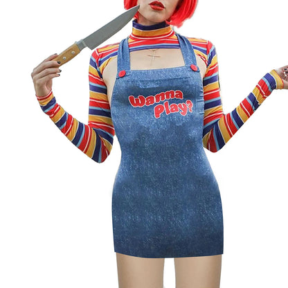 Halloween Costumes for Women Scary Nightmare Killer Doll Wanna Play Movie Character Bodysuit Chucky Doll Costume Set