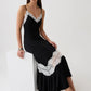 Women Spaghetti Strap V‑Neck Sexy Midi Dress Contrast White Lace Patchwork Ruffle Hem Bodycon Party Evening Dresses