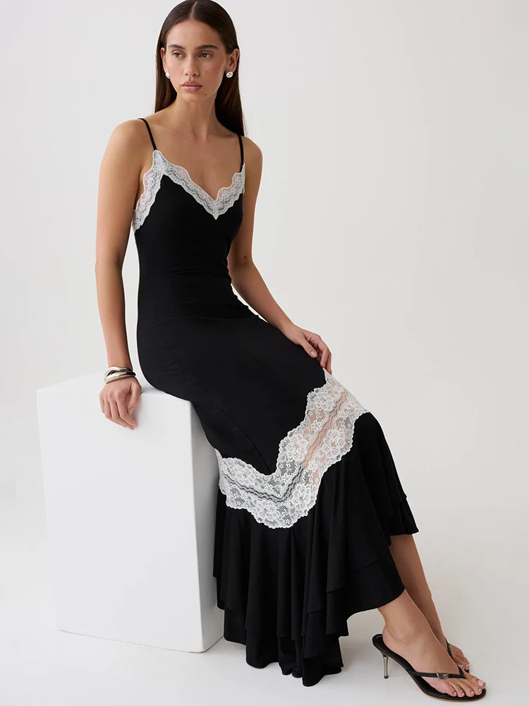 Women Spaghetti Strap V‑Neck Sexy Midi Dress Contrast White Lace Patchwork Ruffle Hem Bodycon Party Evening Dresses