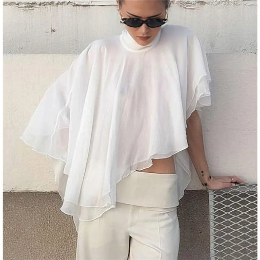 Women Boho Flowy Temperament Minimalsit Shirts Elegant Ruffles Loose Blouses Fashion Poncho Cape Chiffon Crop Tops