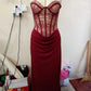Lace Corset Satin Mermaid Maxi Dress Women Elegant Strapless Sweetheart Neck Ruched Waist Bodycon Evening Party Gown