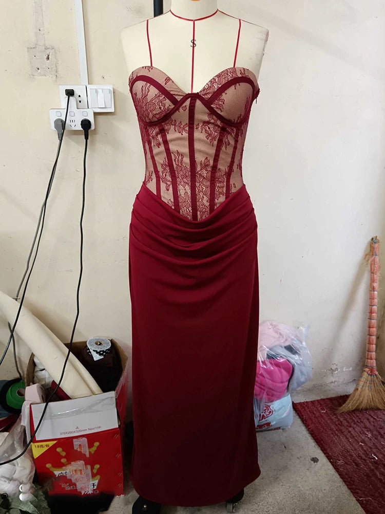 Lace Corset Satin Mermaid Maxi Dress Women Elegant Strapless Sweetheart Neck Ruched Waist Bodycon Evening Party Gown